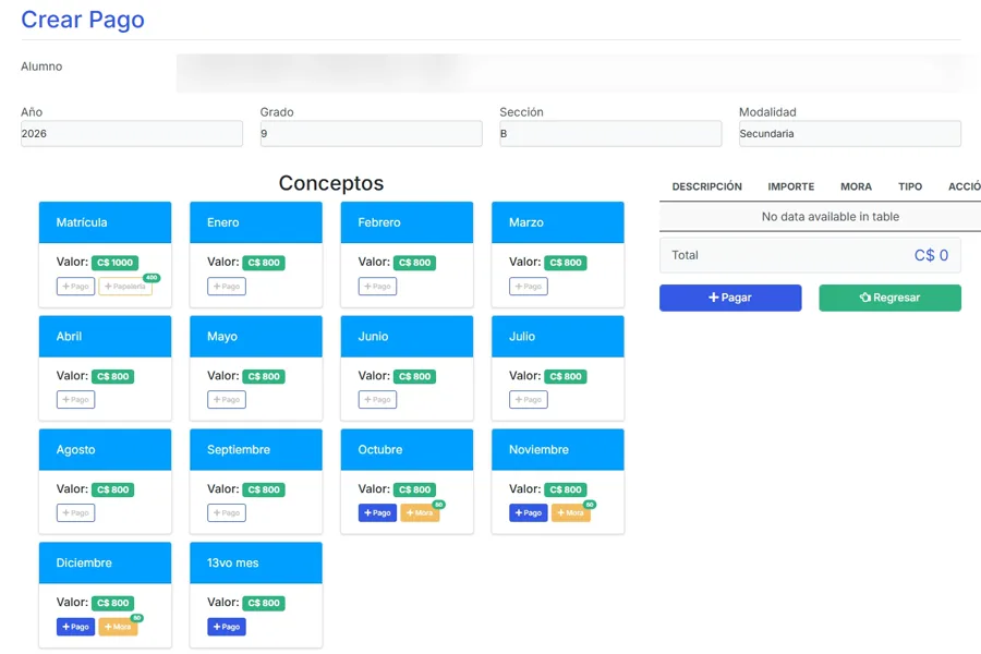 Pantalla de registro de pagos de SchoolNet con los conceptos por mes